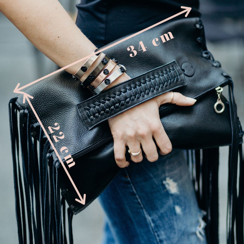 Leather purse, black leather fringe envelope clutch bag, evening fold over purse imagem 9