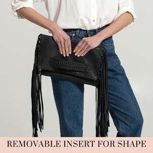 Leather purse, black leather fringe envelope clutch bag, evening fold over purse image 7