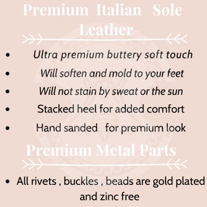 May include: A text-based description of the features of premium Italian leather and metal parts. The leather is described as buttery soft, moldable, and stain-resistant. The metal parts are described as gold-plated and zinc-free.