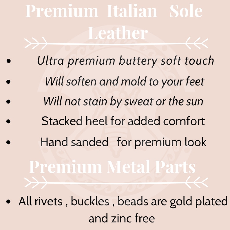 May include: A text-based description of the features of premium Italian leather and metal parts. The leather is described as buttery soft, moldable, and stain-resistant. The metal parts are described as gold-plated and zinc-free.