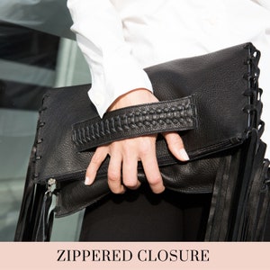 Leather purse, black leather fringe envelope clutch bag, evening fold over purse image 4