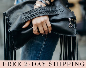 black fringe clutch