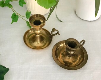 Vintage Solid Brass Chamber Candle Holder, Mis-Matched Pair, House Warming Gift, Vintage Wedding, Bedside Candle Stand