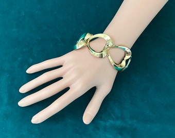 Vintage Glossy Gold Heart Bracelet, Wide Cuff Slip On