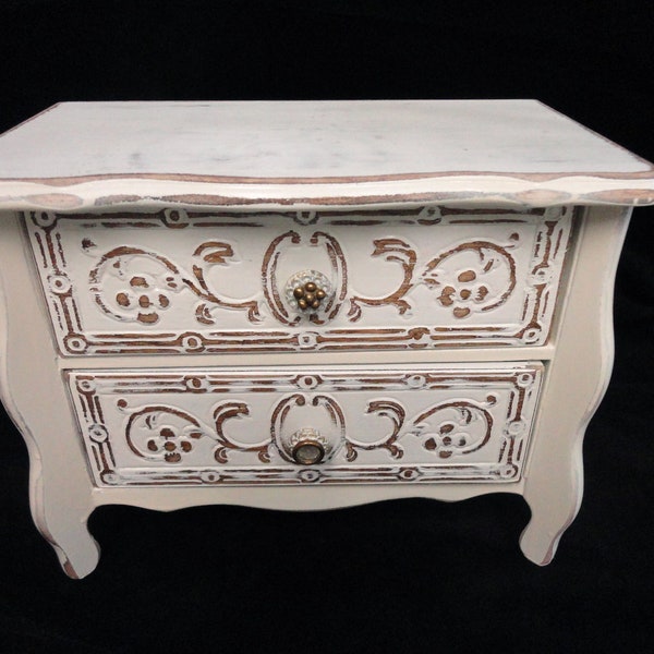 French Country Jewelry Box, De-stressed with Vintage Button Knobs and Wind Up Music