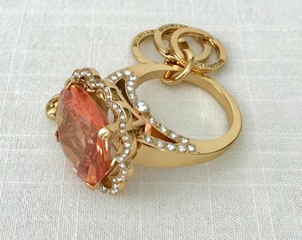 Beautiful Big Pink Diamond Purse Charm, Gigantic Key Ring, Gold, Rhinestones, Pink Cut Glass