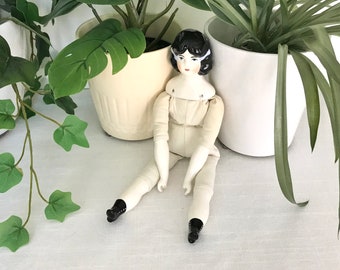 Vintage Art Doll, Handcrafted 1980s Porcelain Doll, Black Hair Blue Eyed Doll