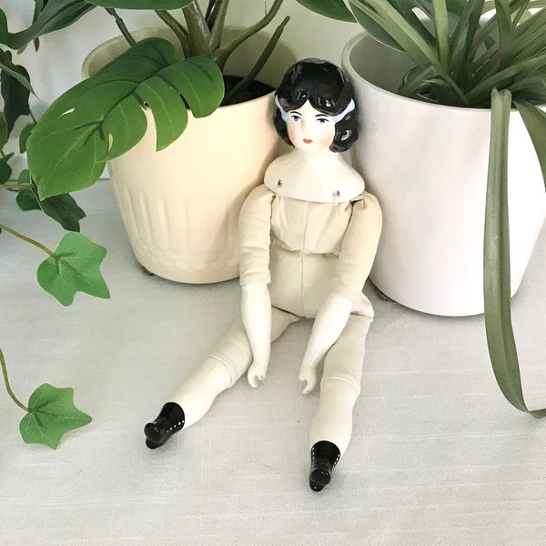 Vintage Art Doll, Handcrafted 1980s Porcelain Doll, Black Hair Blue Eyed Doll