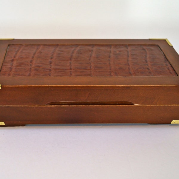 Vintage JEWELRY BOX... Teak Wood, Leather and Brass...Unisex Jewelry Case...Mustard Velvet Lining