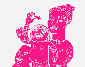 THE LADIES - Contemporary Print,  Limited Edition Screen Print, Quirky Wall Art, Outsider Art, Folk Art, Fluorescent Pink