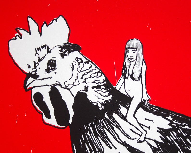 Contemporary Print Quirky Wall Art Original Limited Edition Screen Print Cockerel Rooster Cockerel Ride image 4