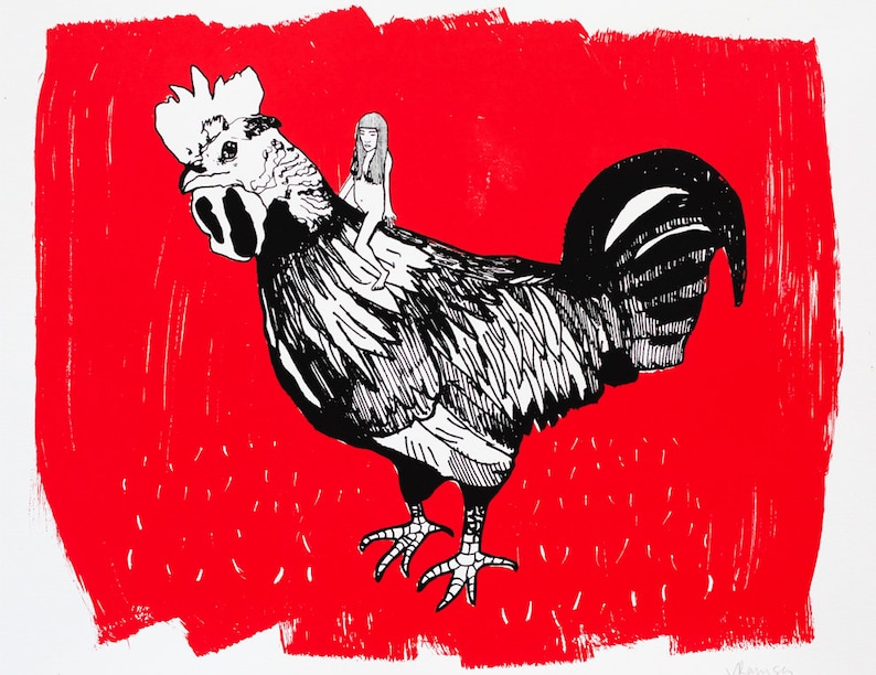 Contemporary Print Quirky Wall Art Original Limited Edition Screen Print Cockerel Rooster Cockerel Ride image 2