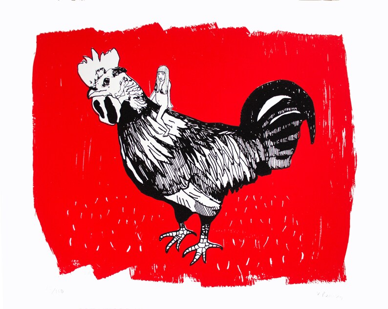 Contemporary Print Quirky Wall Art Original Limited Edition Screen Print Cockerel Rooster Cockerel Ride image 5