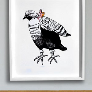 Limited edition Pigeon Screen Print, Pigeon Art, Original Screen Print, Quirky Wall Art Pigeon-Ride image 4