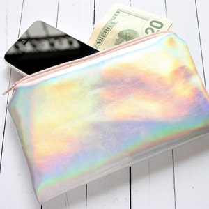 Rainbow Pouch / Holographic bag, iridescent bag, small pouch, faux leather, pastel pouch, customizable color zipper