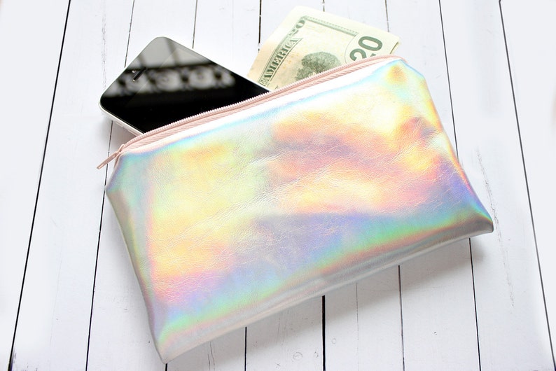 Rainbow Pouch / Holographic bag, iridescent bag, small pouch, faux leather, pastel pouch, customizable color zipper image 1