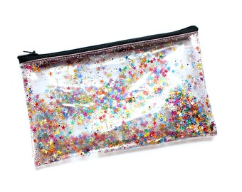 Stars party / Small pouch, Transparent handbag, Clear bag, Purse organizer, Glitter pouch, Zipper pouch