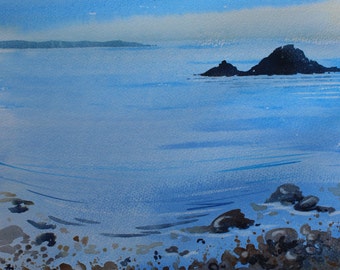 Original seascape painting Cornwall,  Cape Cornwall seascape, cornwall coast, blue sea painting, sea watercolor