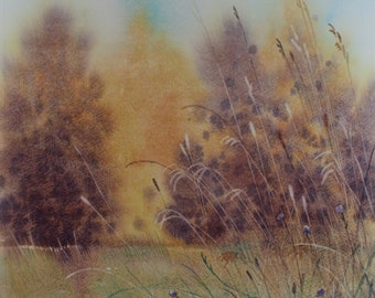 original watercolour of fields and grasses, watercolor landscape, Autumn landscape, autumnal painting, atmospheric watercolour, autumn trees