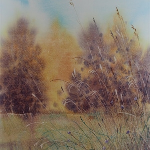 Original Autumn Landscape Watercolor Painting: Fields and Grasses