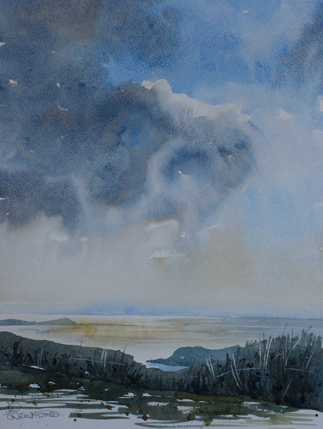 Original watercolour seascape painting Cornwall, Cornwall seascape, sunset painting, dramatic clouds, storm clouds, cornwall coast, Newquay