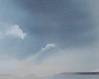 Sky and seascape watercolour painting, Cornwall seascape, Cornwall beach, beach art, dark clouds, winter sun, stormy sky
