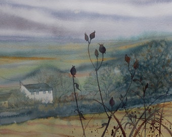 Cornwall Landscape Watercolor Painting: Original Teal & Mauve Art