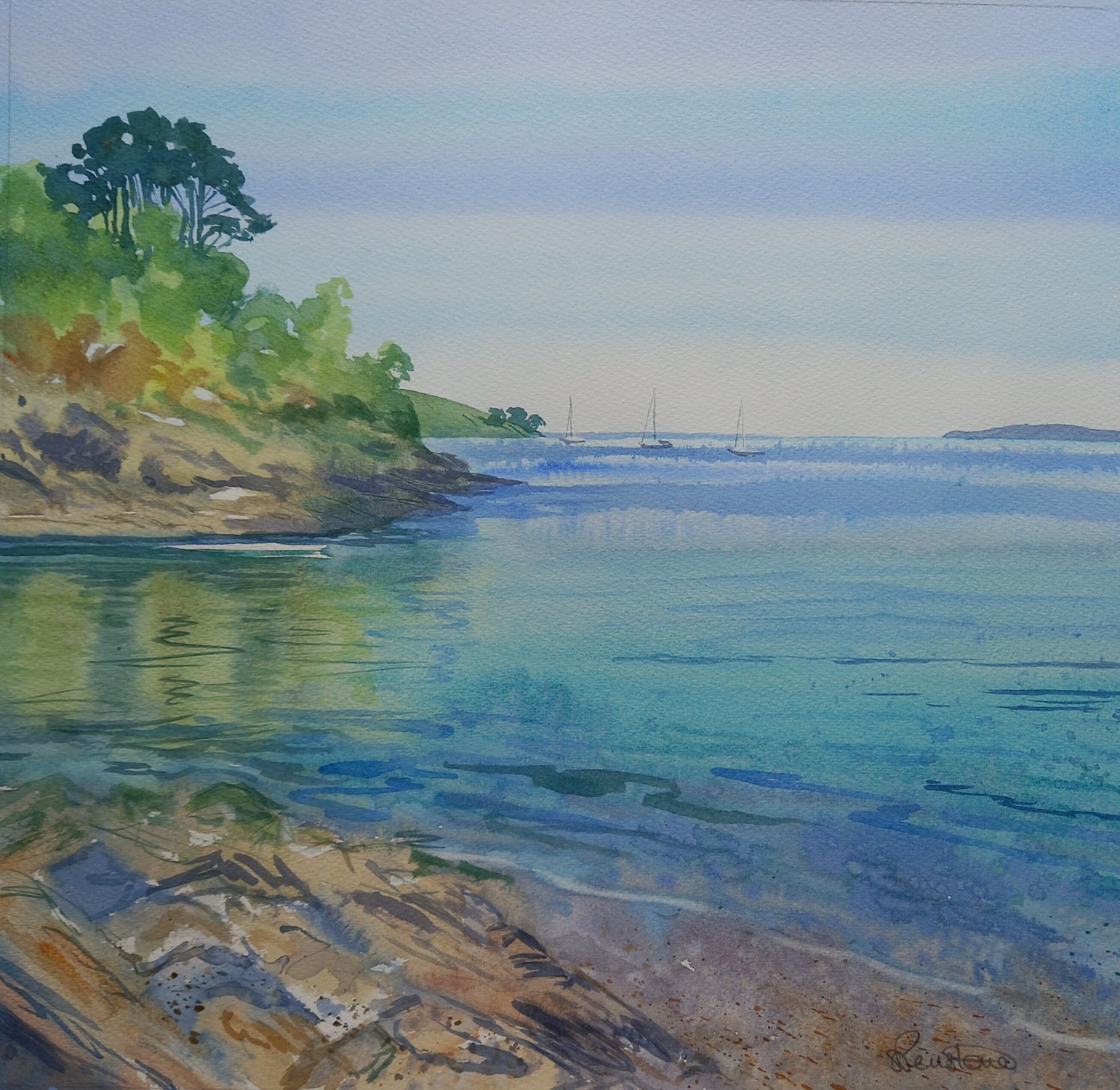 Cornwall seascape, original watercolour of Durgan beach, watercolour of Helford River, water reflections, pine trees, cove, Cornish beach