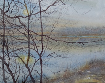 tree watercolour, winter trees, trees by lake, painting of tree branches, Loe Pool, Penrose, Cornwall