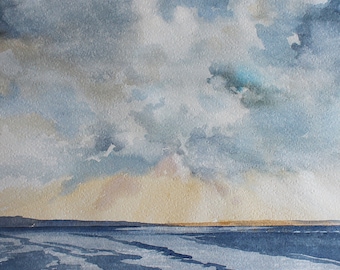dramatic sky painting, big sky, sun rays, sky and clouds, cloudscape,  Cornwall coast, painting of sky, painting of cornwall