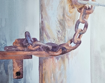 Original Rusty Chain Watercolor Painting: Industrial Wall Art (38cm x 38cm)