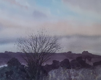 SALE Original watercolour winter landscape, Cornwall, winter sky, purple painting, purple landscape