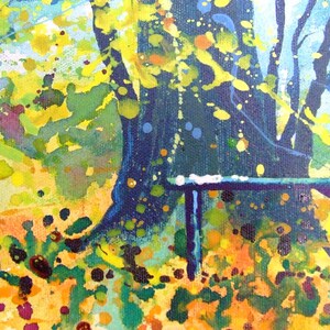 May include: A close-up of a painting depicting a tree trunk with a blue and green color scheme. The tree trunk is surrounded by a yellow and orange background with green and blue splatter paint.