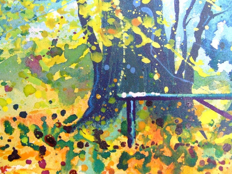 May include: A close-up of a painting depicting a tree trunk with a blue and green color scheme. The tree trunk is surrounded by a yellow and orange background with green and blue splatter paint.
