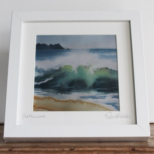 Framed print of Porthcurno, Cornwall, from an original watercolour painting, surf art print, ocean surf, crashing waves, Cornish coast