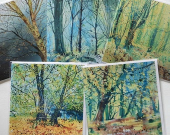 Woodland Art Card Set: Acrylic Ink Tree Paintings, Autumn Colors