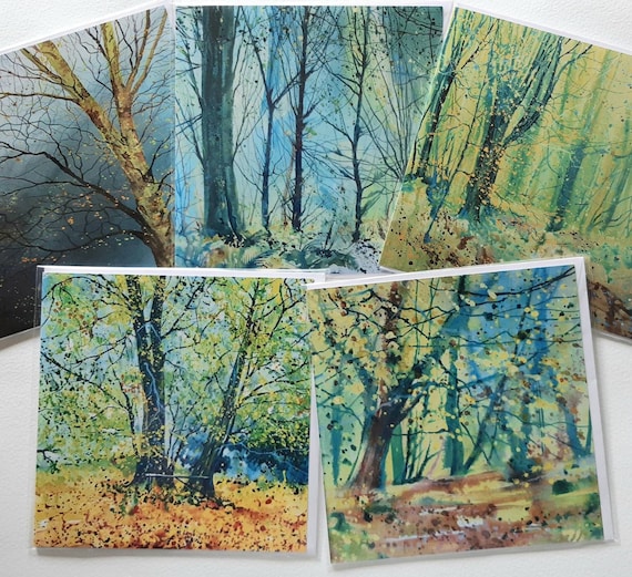 Woodland Art Card Set: Acrylic Ink Tree Paintings, Autumn Colors