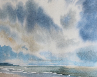 watercolour sky painting, big sky, sky and clouds, cloudscape, Perranuthnoe, Cornwall beach and coast, painting of sky, painting of cornwall