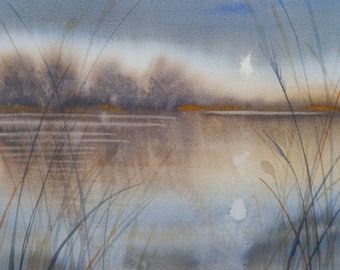 Marshland watercolour, Marazion marshes, moody watercolour, brown and blue painting, rain sky, water refelections