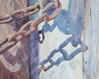 Original Watercolor Painting: Rustic Boat Shed, Chain & Shadows