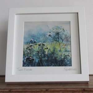 Teal Fields Watercolor Landscape: Framed Hedgerow Art Print immagine 1