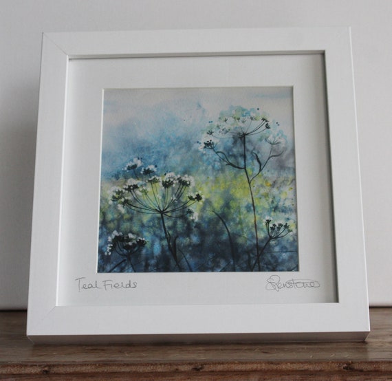 Teal Fields Watercolor Landscape: Framed Hedgerow Art Print