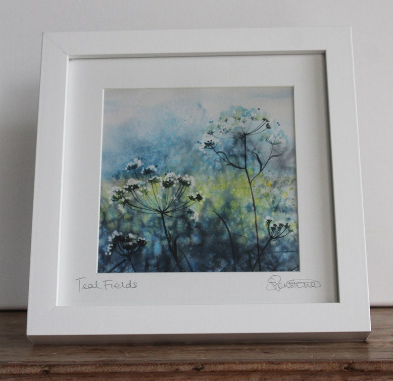 Teal Fields Watercolor Landscape: Framed Hedgerow Art Print immagine 1