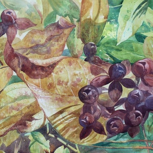 Autumn Leaves Watercolor Painting: Colorful Berries Art, 40x60cm