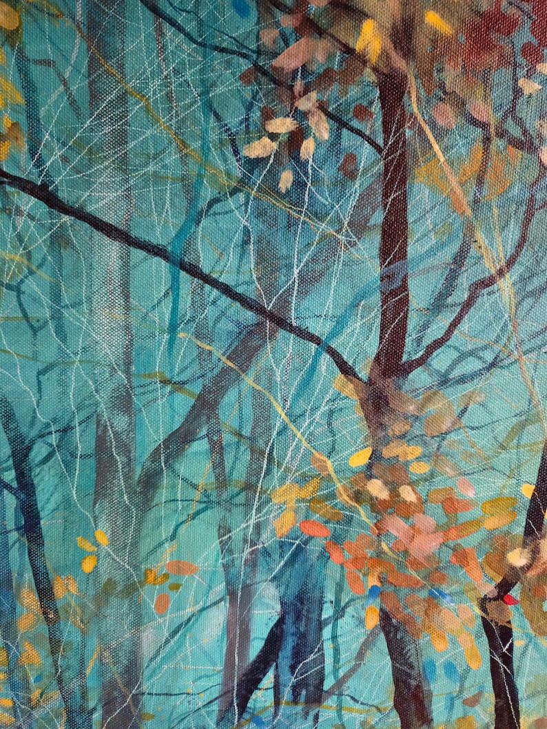 Original tree painting, autumn woodland art, canvas art, autumn leaves painting, nature art, acrylic ink painting, fall landscape image 2