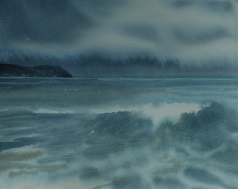Praa Sands seascape painting, Rinsey Head, sea watercolour, rain cloud, stormy sky, beach scene, Cornwall coast, coastline, big skies