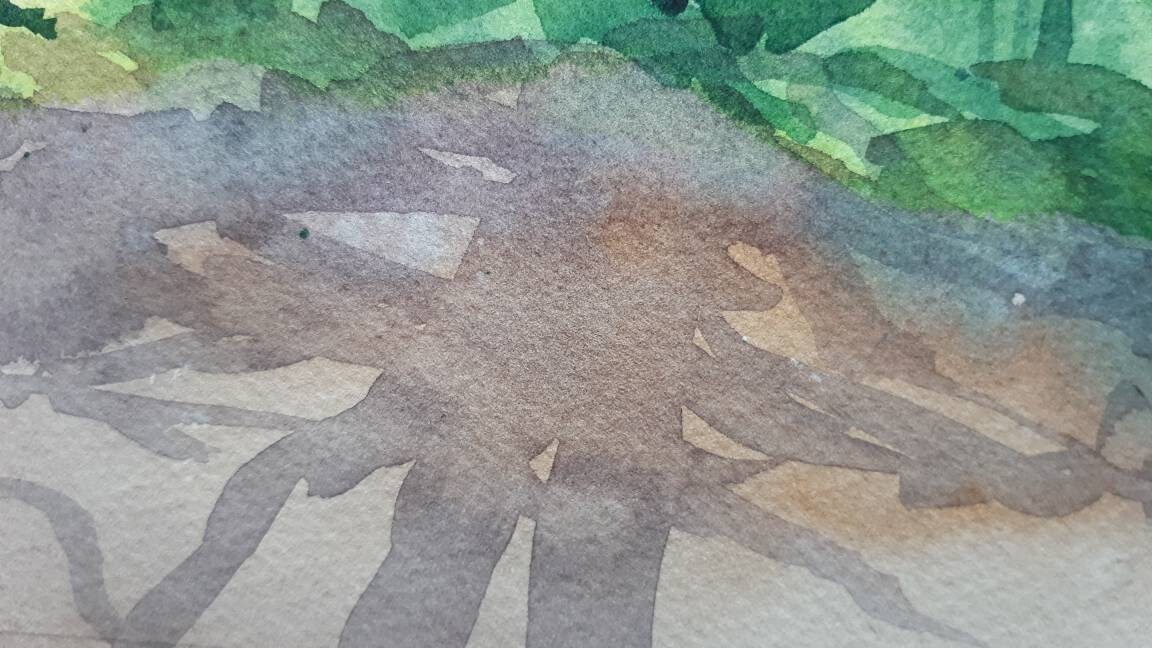森の水彩画、木の絵、森の絵、夏のアート、木の絵、木の影、緑の