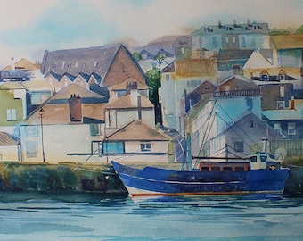 Falmouth painting, Original watercolour seascape Falmouth Cornwall, watercolour of boats, harbour, townscape, Cornwall painting