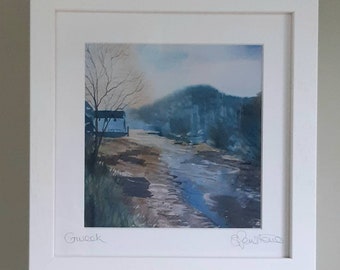 Framed Gweek Cornwall Print: Signed Watercolor Harbour Scene
