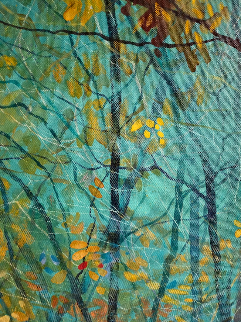 Original tree painting, autumn woodland art, canvas art, autumn leaves painting, nature art, acrylic ink painting, fall landscape image 4